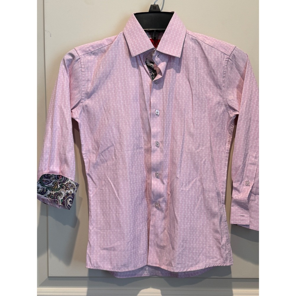 Elie Balleh Boys Pink Geometric Modern Fit Dress Shirt Paisley Trim Size 8 *spot